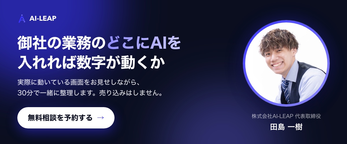 無料相談のご案内。御社の業務のどこにAIを入れれば数字が動くかを30分で整理します