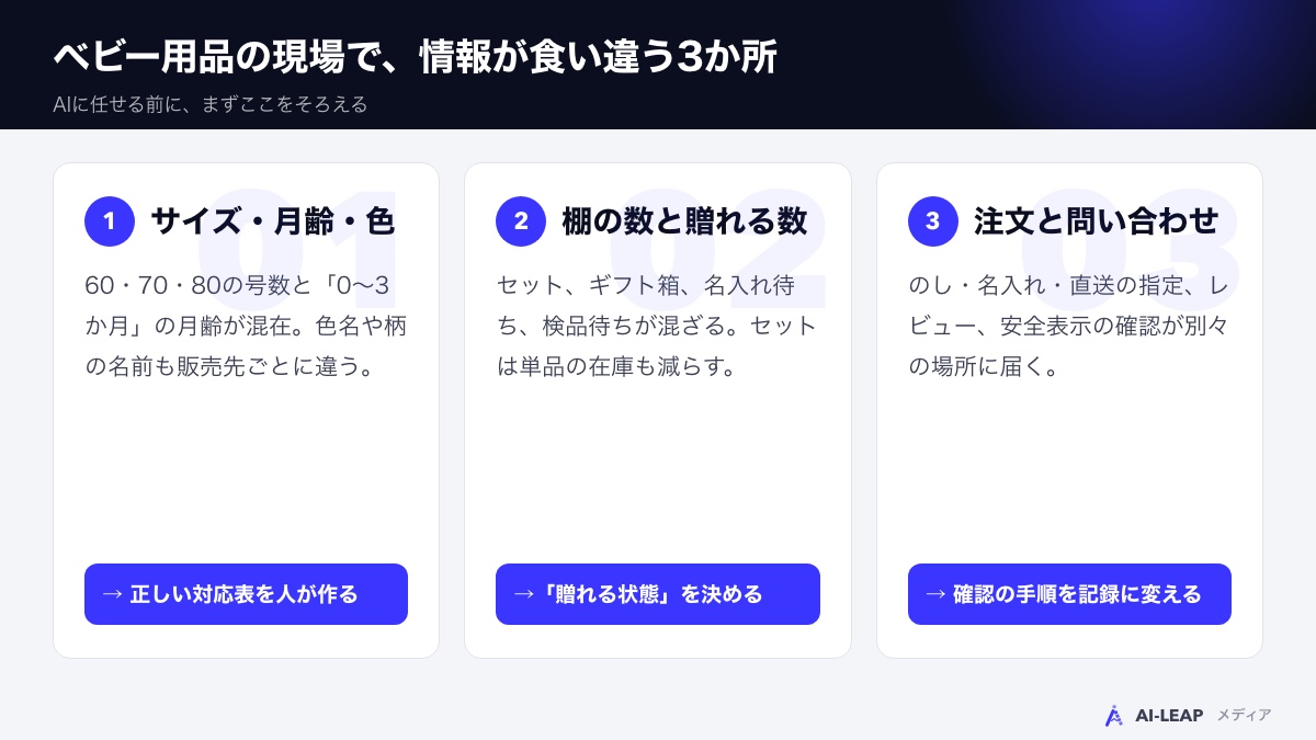 ベビー用品の現場で情報が食い違う3か所
