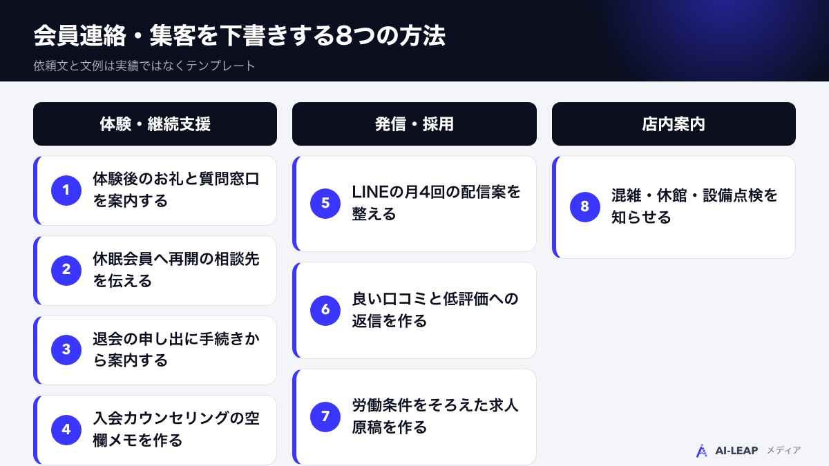 体験・継続支援、発信・採用、店内案内に分けた8つの方法