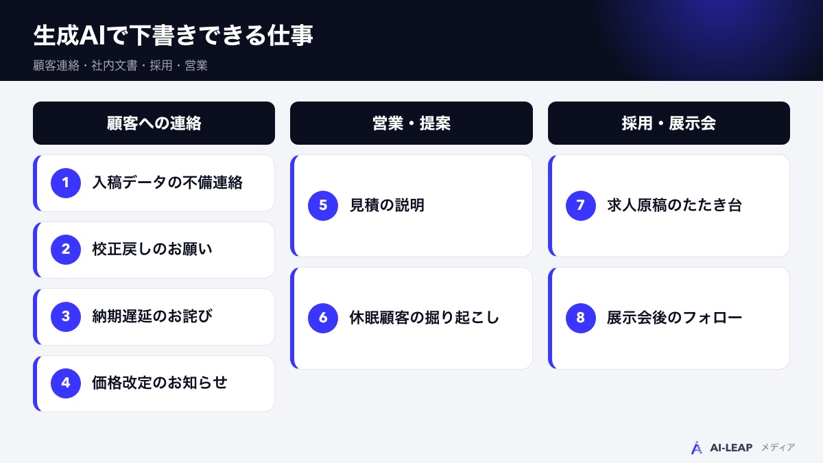 生成AIで下書きできる印刷会社の仕事（顧客連絡・社内文書・採用・営業）